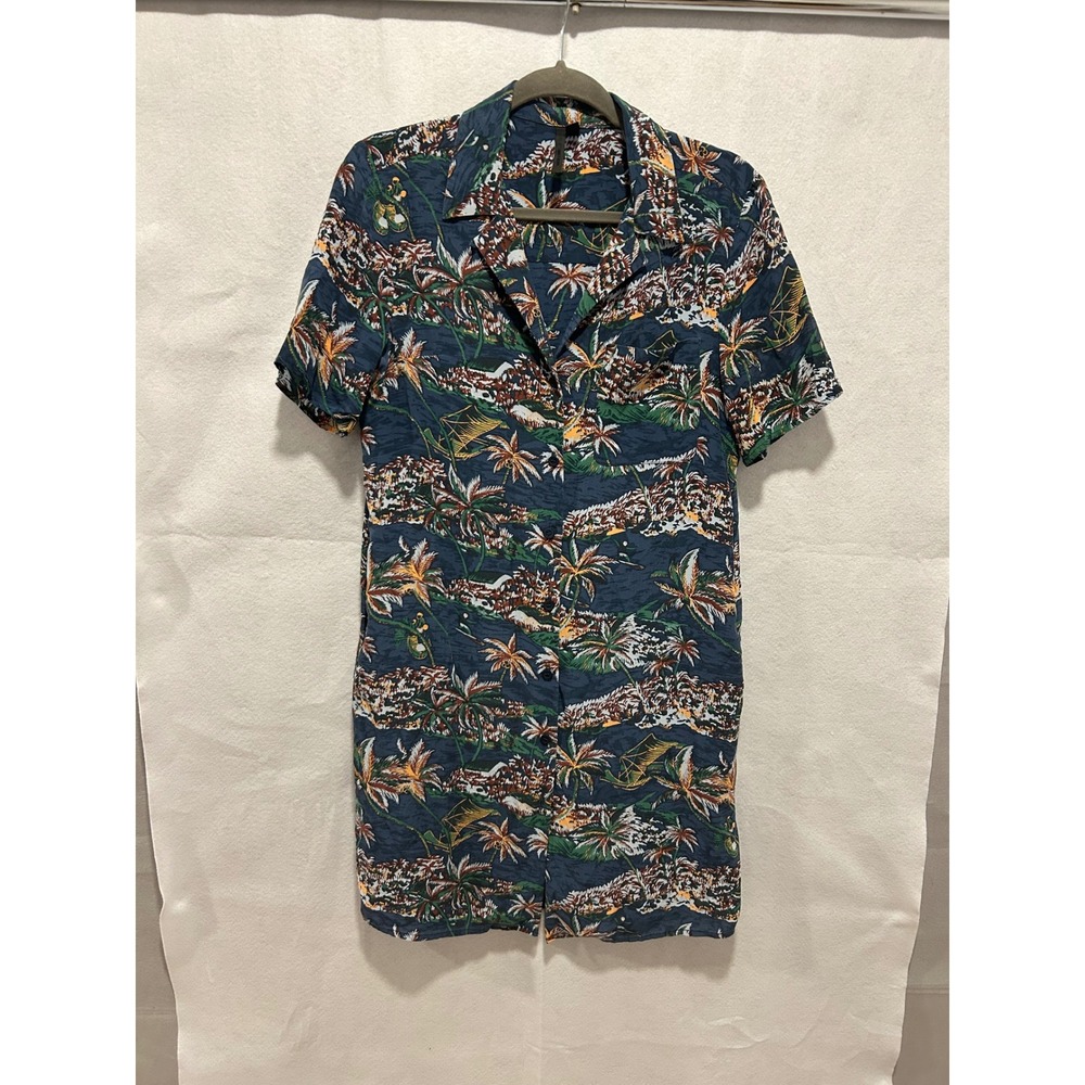 Topshop Navy Blue Tropical Palm Tree Print Button Down Shirt Dress Size 6